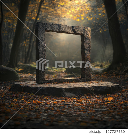 Stone frame pathway in autumn forest with golden sunlight 127727580