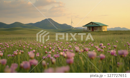 Small cottage surrounded by pink flowers and green hills 127727651