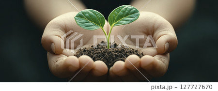 Small green seedling in dark soil held by two hands 127727670