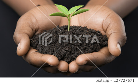 Small green sprout in dark soil held in hands with care 127727671