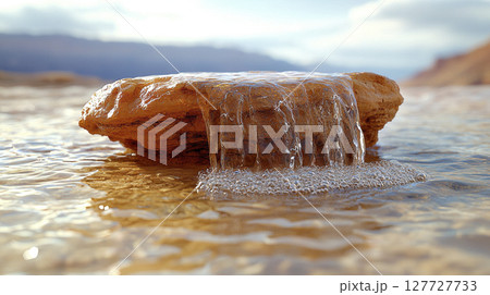 Small rock waterfall flowing over desert landscape 127727733