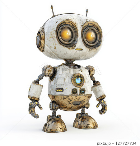 Small rusty robot with glowing eyes, standing on white background 127727734