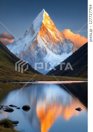 Majestic mountain peak reflecting in tranquil lake at sunset Majestic mountain peak reflecting in tranquil lake at sunset 127727764