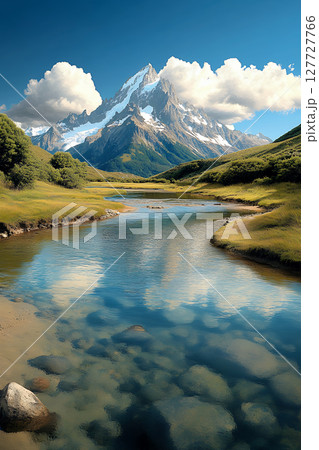 Majestic mountain reflected in serene river landscape Majestic mountain reflected in serene river landscape 127727766