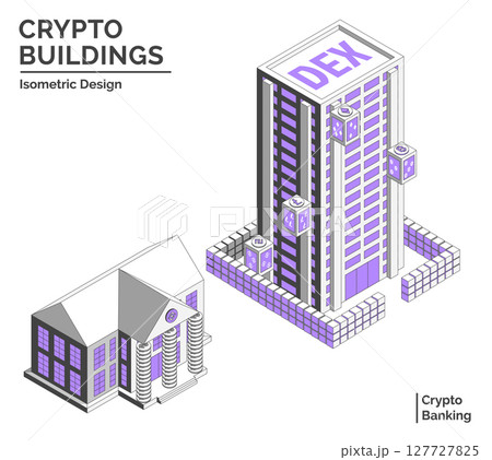 Cartoon Color Decentralized Exchange and Bank Crypto Buildings Isolated on a White Background City Concept 3d Isometric View Line Elements. Vector illustration 127727825
