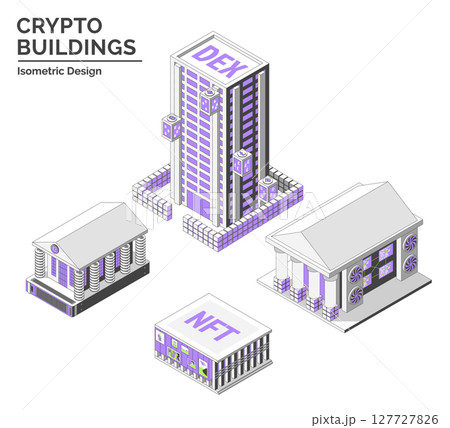 Cartoon Color DEX, NFT Gallery, Blockchain Museum and Virtual Exchange Crypto Buildings Isolated on a White Background City Concept 3d Isometric View Line Elements. Vector illustration Cartoon Color DEX, NFT Gallery, Blockchain Museum and Virtual Exchange Crypto Buildings Isolated on a White Background City Concept 3d Isometric View Line Elements. Vector illustration 127727826