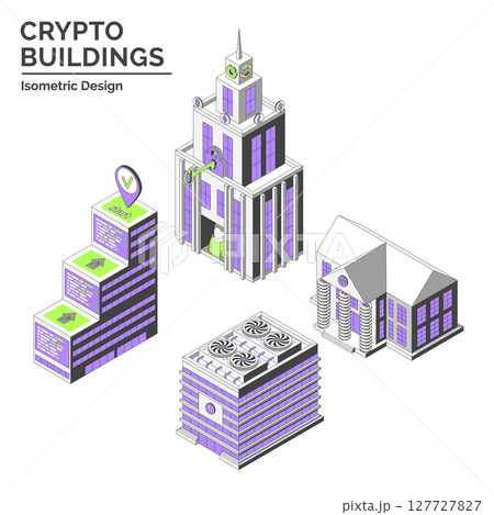 Cartoon Color Bank, Wallet Company, Smart Contract Hub and Mining Farm Crypto Buildings Isolated on a White Background City Concept 3d Isometric View Line Elements. Vector illustration 127727827
