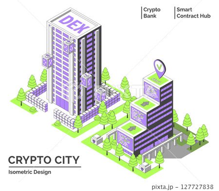Cartoon Color DEX Office and Smart Contract Hub Building Crypto City Concept 3d Isometric View Line Elements. Vector illustration Cartoon Color DEX Office and Smart Contract Hub Building Crypto City Concept 3d Isometric View Line Elements. Vector illustration 127727838