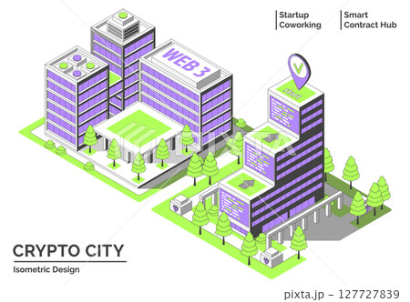 Cartoon Color Startup Coworking and Smart Contract Hub Building Crypto City Concept 3d Isometric View Line Elements. Vector illustration Cartoon Color Startup Coworking and Smart Contract Hub Building Crypto City Concept 3d Isometric View Line Elements. Vector illustration 127727839