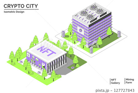 Cartoon Color NFT Gallery and Mining Farm Building Crypto City Concept 3d Isometric View Line Elements. Vector illustration 127727843