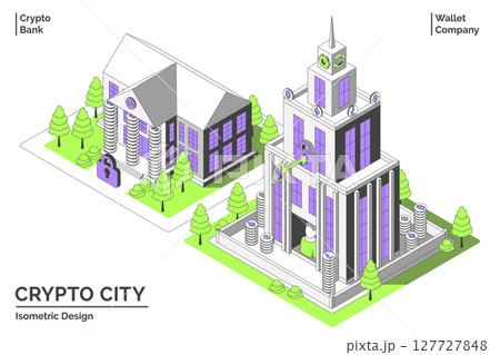 Cartoon Color Bank and Wallet Company Building Crypto City Concept 3d Isometric View Line Elements. Vector illustration Cartoon Color Bank and Wallet Company Building Crypto City Concept 3d Isometric View Line Elements. Vector illustration 127727848
