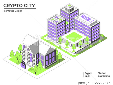Cartoon Color Startup Coworking and Bank Building Crypto City Concept 3d Isometric View Line Elements. Vector illustration 127727857