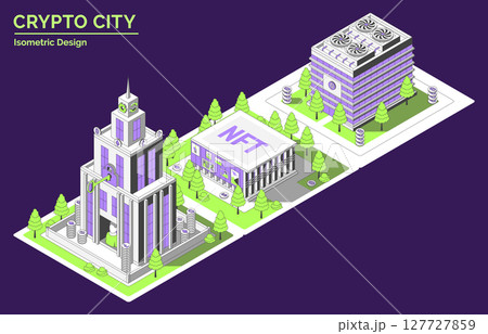 Cartoon Color Wallet Company, NFT Gallery and Mining Farm Building Crypto City Concept 3d Isometric View Line Elements. Vector illustration 127727859