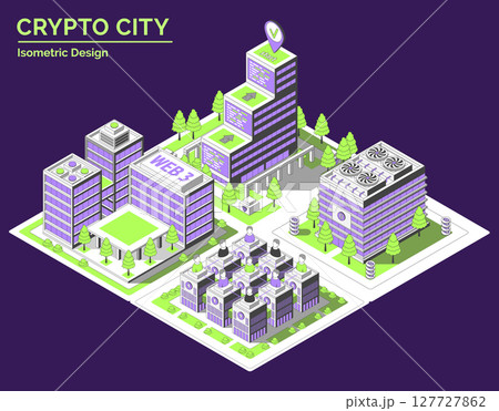 Cartoon Color Smart Contract Hub, Startup Coworking, DAO Office and Mining Farm Building Crypto City Concept 3d Isometric View Line Elements. Vector illustration 127727862