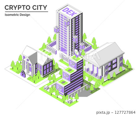 Cartoon Color Smart Contract Hub, Bank, Blockchain Museum and DEX Building Crypto City Concept 3d Isometric View Line Elements. Vector illustration 127727864