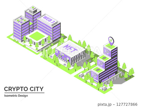 Cartoon Color Startup Coworking, NFT Gallery and Smart Contract Hub Building Crypto City Concept 3d Isometric View Line Elements. Vector illustration 127727866
