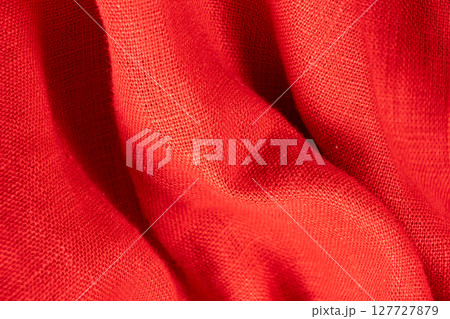 Red Linen Fabric Detailed Macro Weave Pattern. 127727879