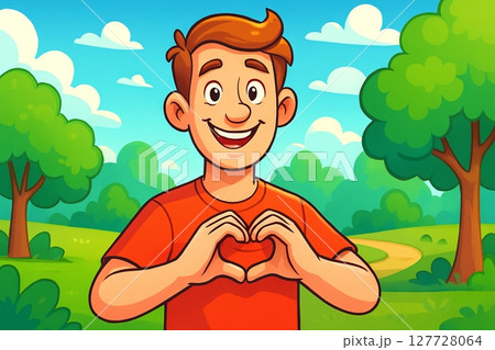 Cartoon boy making a heart gesture with hands in a bright outdoor park scene. concept of kindness, love, happy child 127728064