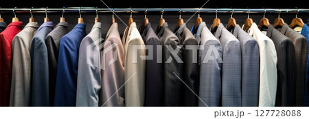 Colorful clothing store display rack featuring stylish jackets and coats on wooden hangers in a fashion boutique. concept of retail shopping, fashion apparel, store organization, copy space, banner 127728088