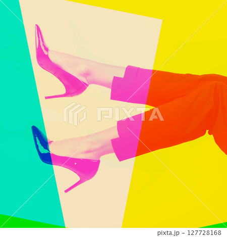Woman with slim legs wearing high heel shoes and costume pants in RGB colors split effect Woman with slim legs wearing high heel shoes and costume pants in RGB colors split effect 127728168