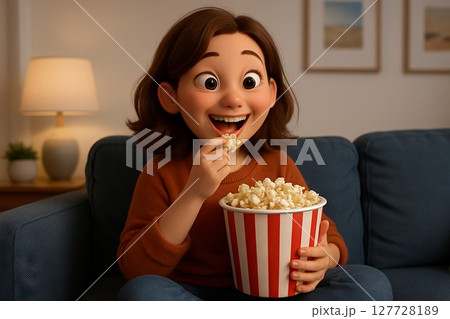 Joyful girl eating popcorn during movie night at home with excited expression. concept of happiness, entertainment, cozy evening indoors 127728189