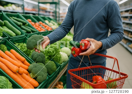 Male shopper selecting fresh produce including broccoli and red pepper at grocery store. concept of healthy eating, grocery shopping, vegetables 127728190