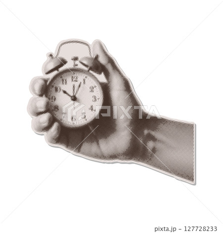 Male hand holding alarm clock - retro halftone grunge dotted collage element. Time urgency, waking up, deadline concept template design metaphor with vintage pop art magazine dots element. Vector 127728233