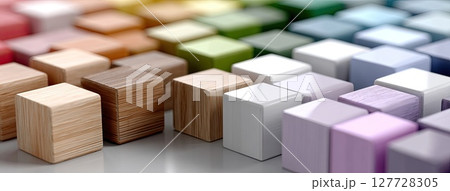 Small, vibrant cubes in various colors scattered on a white surface, creating a visually striking and minimalist design 127728305