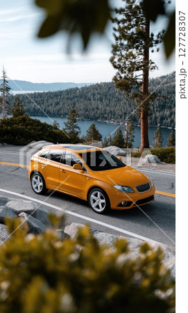 A bright yellow SUV is parked on a rocky outcrop, offering breathtaking views of the lake surrounded by forests and mountains during sunset 127728307
