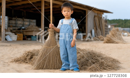 Young boy in green overalls and white socks holds a broom in front of a door, exuding charm and innocence in vintage aesthetics 127728308