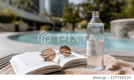 Sunglasses, an open book, and a water bottle sit on poolside sunbeds, inviting relaxation under natural light 127728310
