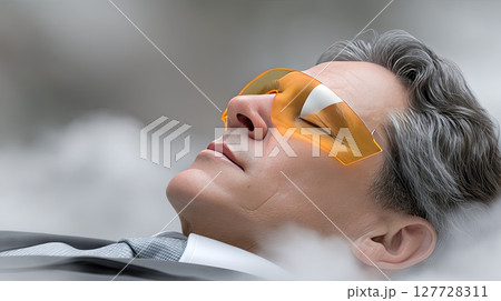 A wealthy man in a black suit and orange tie lies on clouds, illuminated by a warm yellow light, with curly hair and yellow glasses 127728311