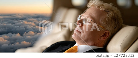 A wealthy man in a black suit and orange tie lies on clouds, illuminated by a warm yellow light, with curly hair and yellow glasses 127728312