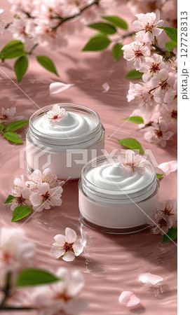 Face cream jar floats serenely on water, embraced by vibrant cherry blossoms, showcasing soft lighting and gentle pink hues 127728313