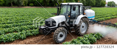 A tractor sprays water on pyramid-shaped potato fields, showcasing vibrant green sprouts against a sunset-lit backdrop A tractor sprays water on pyramid-shaped potato fields, showcasing vibrant green sprouts against a sunset-lit backdrop 127728324