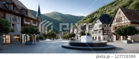 Cobblestone streets wind through a quaint village with half-timbered houses, colorful flowers, and a peaceful stone fountain 127728389