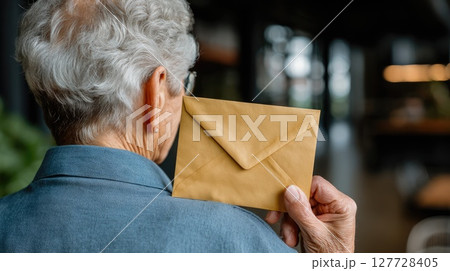 A joyful senior woman hands an envelope to her husband as they share a loving moment together at home 127728405