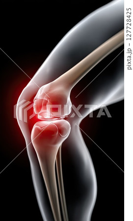 Detailed close-up of a knee joint displaying pain in cartilage and bones, providing insight into orthopedic conditions and concerns 127728425