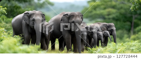 Four Indian elephants roam through a vibrant green grass field, surrounded by thick forests, showcasing their natural habitat 127728444