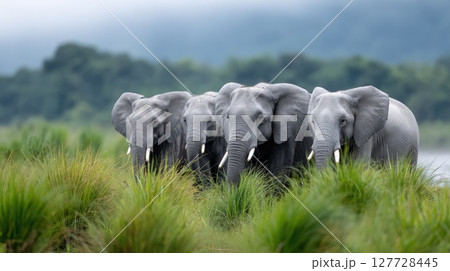 Four Indian elephants roam through a vibrant green grass field, surrounded by thick forests, showcasing their natural habitat 127728445