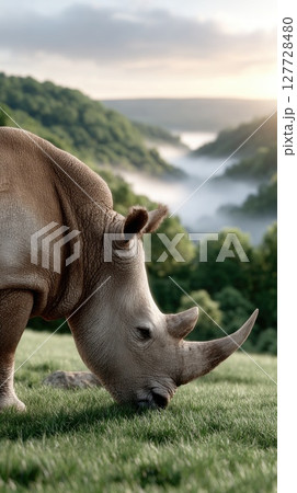 An Indian one horn rhinoceros explores a verdant grassland, surrounded by tall wild grass and shrouded in gentle morning mist 127728480