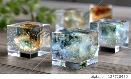 Translucent glass cubes filled with flames and cosmic dust shimmer against a dark backdrop, showcasing intricate details and beauty 127728489