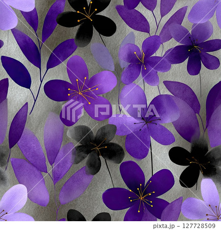 A vibrant watercolor design showcases purple tulips and golden leaves against a gray background, creating a fresh and elegant aesthetic SEAMLESS PATTERN 127728509