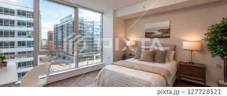 Elegant bedroom features plush seating, ambient lighting, and sophisticated decor that enhance a tranquil and inviting atmosphere 127728521