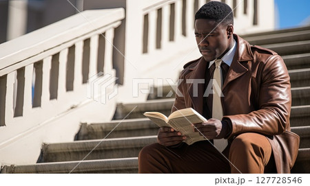 African American university student repeats lectures while sitting on the stairs. Young man while studying. Educational knowledge is the key to success and good work in the future 127728546
