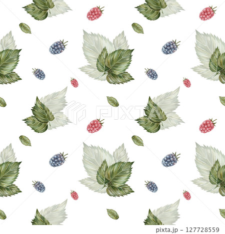 Seamless watercolor pattern with green leaves and berries of raspberries and blackberries on white background. Hand drawn botanical design, perfect for textiles, packaging, kitchen decor, and prints Seamless watercolor pattern with green leaves and berries of raspberries and blackberries on white background. Hand drawn botanical design, perfect for textiles, packaging, kitchen decor, and prints 127728559