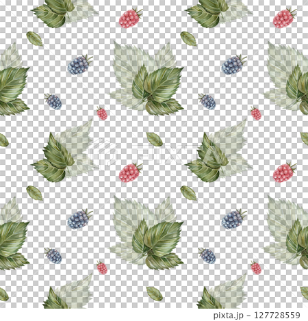 Seamless watercolor pattern with green leaves and berries of raspberries and blackberries on white background. Hand drawn botanical design, perfect for textiles, packaging, kitchen decor, and prints Seamless watercolor pattern with green leaves and berries of raspberries and blackberries on white background. Hand drawn botanical design, perfect for textiles, packaging, kitchen decor, and prints 127728559