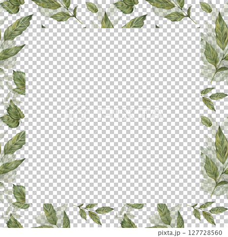 Square watercolor frame with green leaves. Botanical illustration template for text, white background, natural motif, grass. 127728560