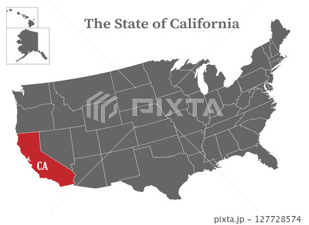 The state of California on the map of the United States of America is highlighted in red. States of the USA with borders on a general map 127728574