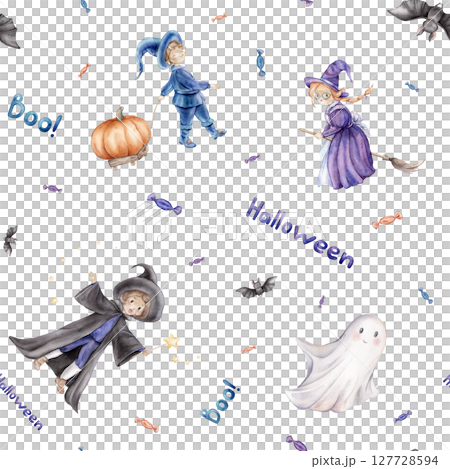 Seamless pattern Trick or treat for Halloween. Repeat background with wizard, fairy or witch on a broomstick, ghost and pumpkin. Hand drawn fantasy illustrations for kids' design 127728594